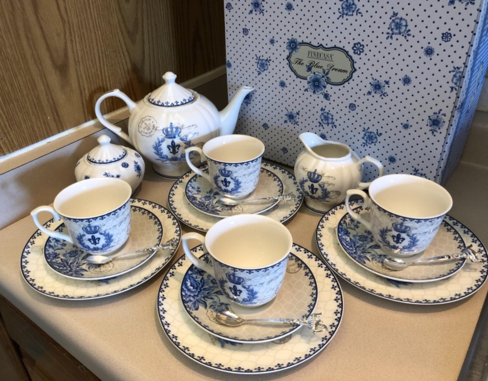 English Porcelain Tea Set Blue Floral Vintage Style China Teapot Gift for Her