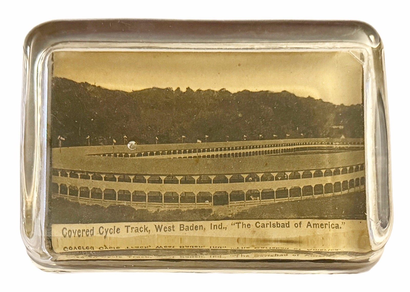 VERY RARE Antique c1910 West Baden Springs Hotel Glass Paperweight Bicycle Track