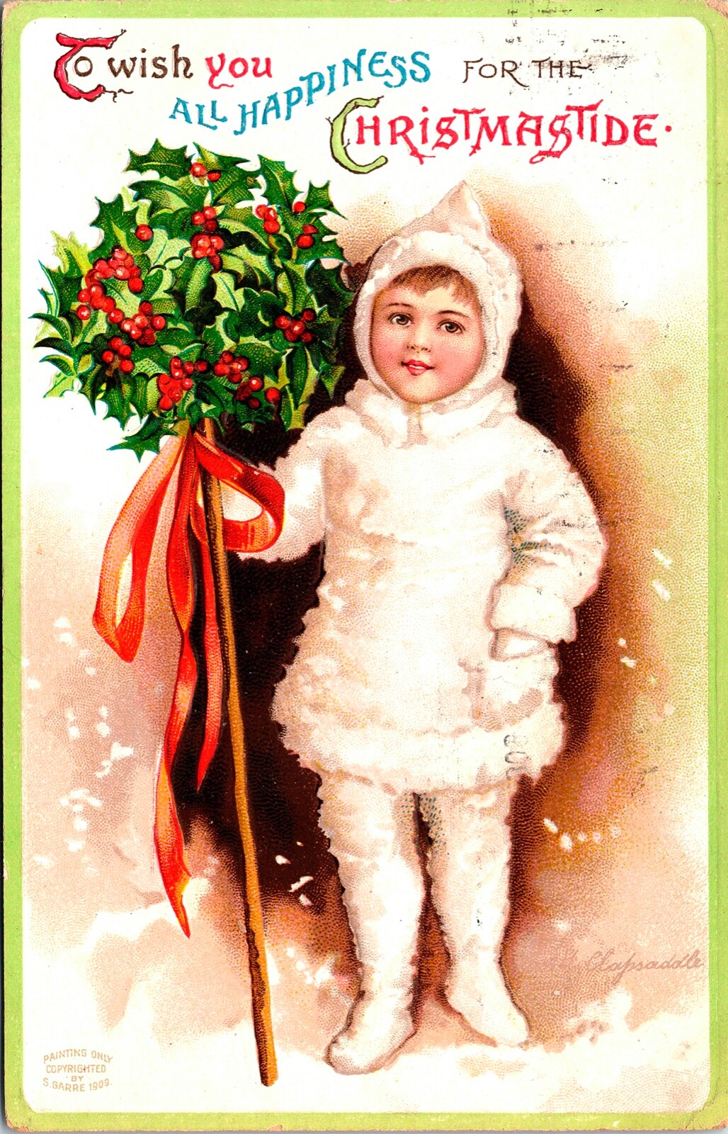 Vintage 1909 Ellen Clapsaddle Cute Child in White Fur Coat Christmas Postcard