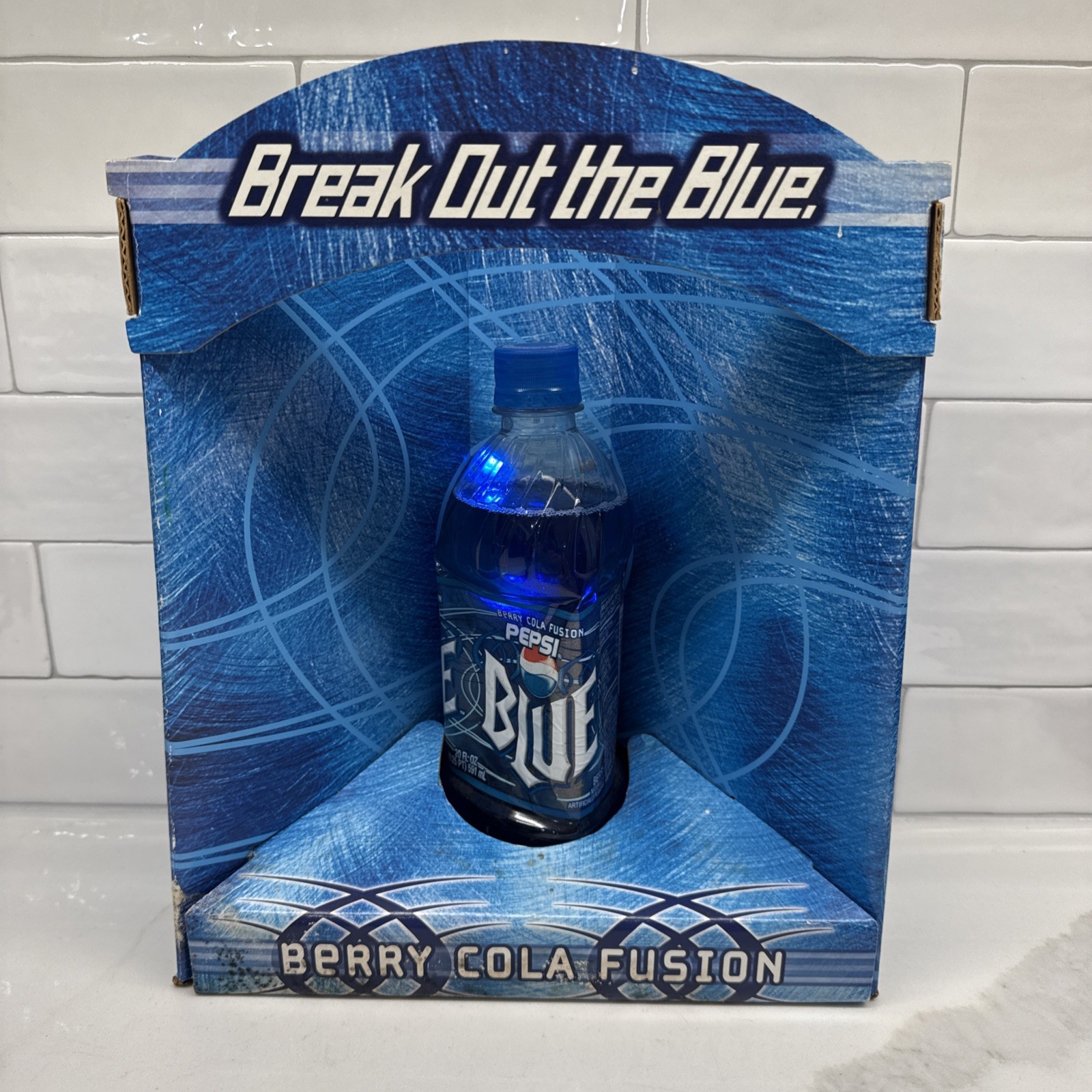 2002 Pepsi Blue Lighted LED Advertising Display w/ Sealed Bottle Vintage RARE