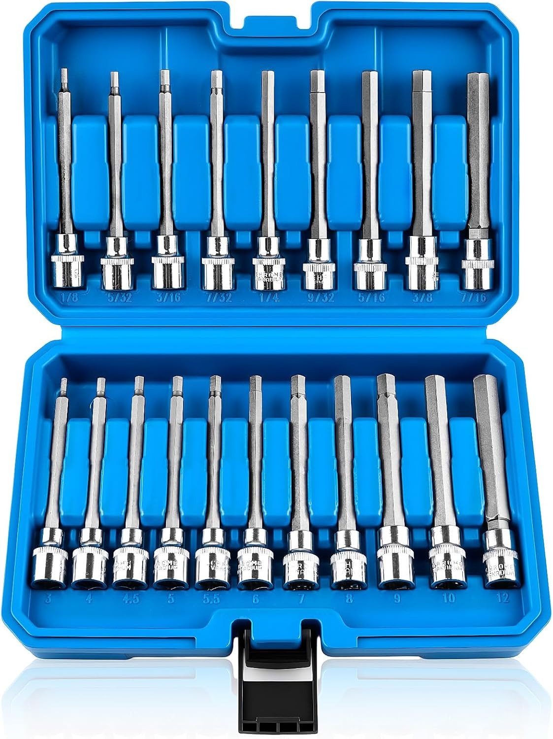 20PC Extra-Long Allen Hex Bit Socket Set S2 Steel Hex Head Socket | 3/8 Inch