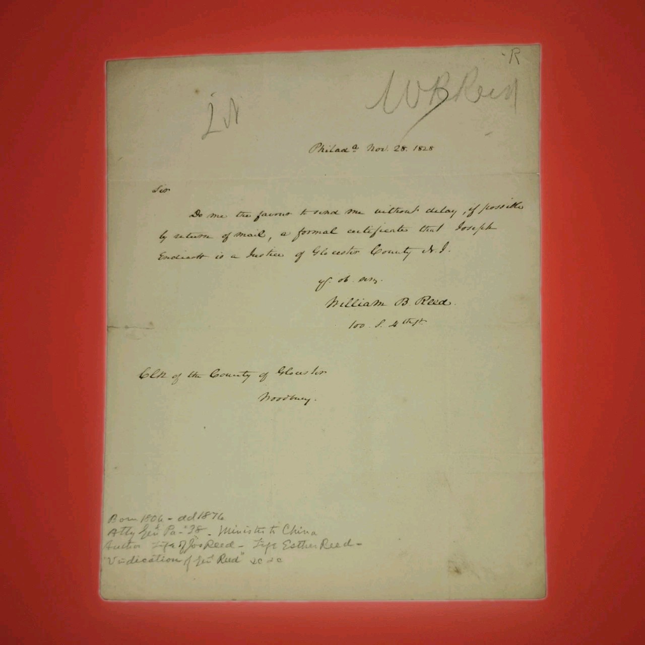 1828 William Bradford Reed ALS PA Attorney General US Minister China Whatman