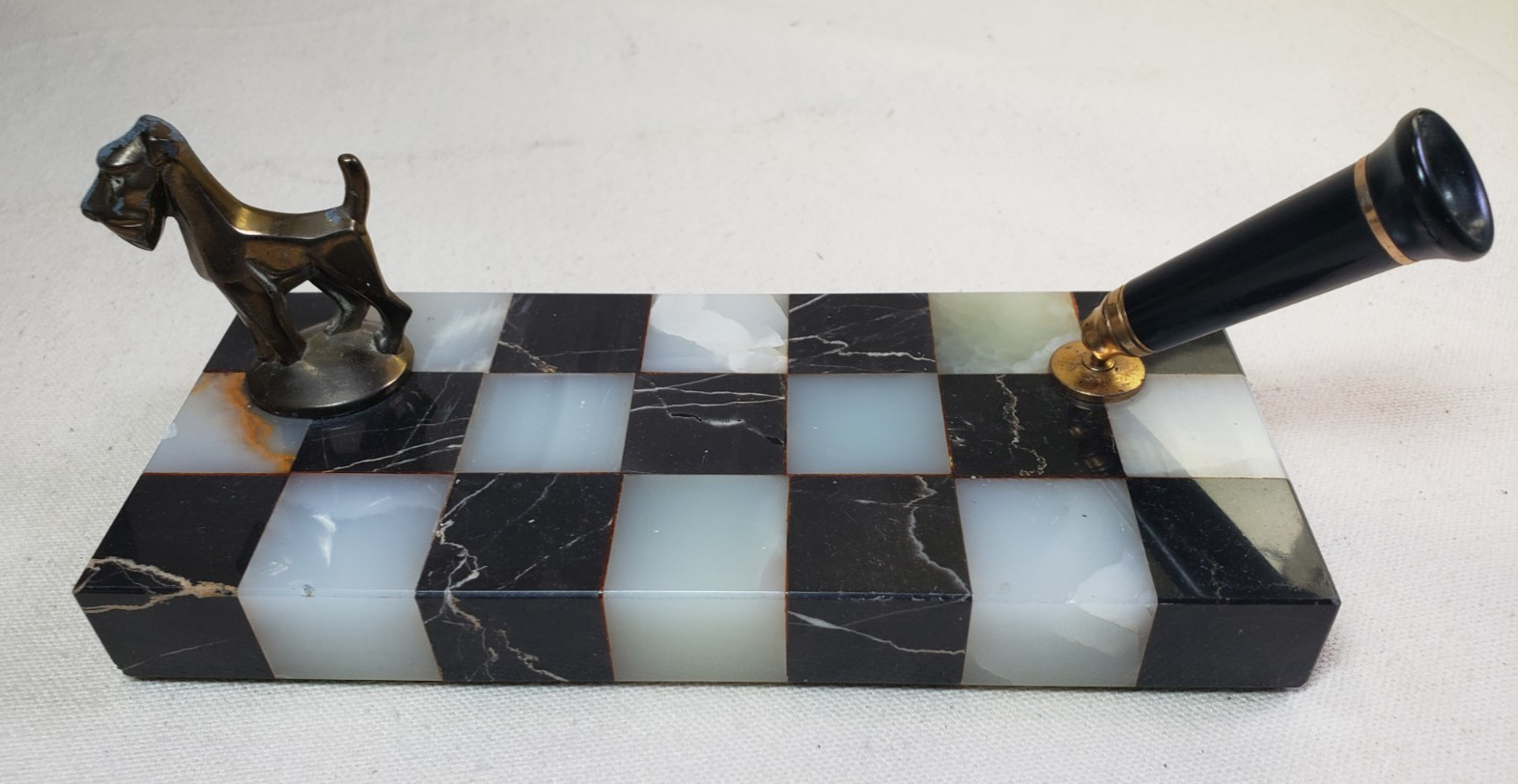 Vintage marble base pen holder with brass  SCOTTIE Dog