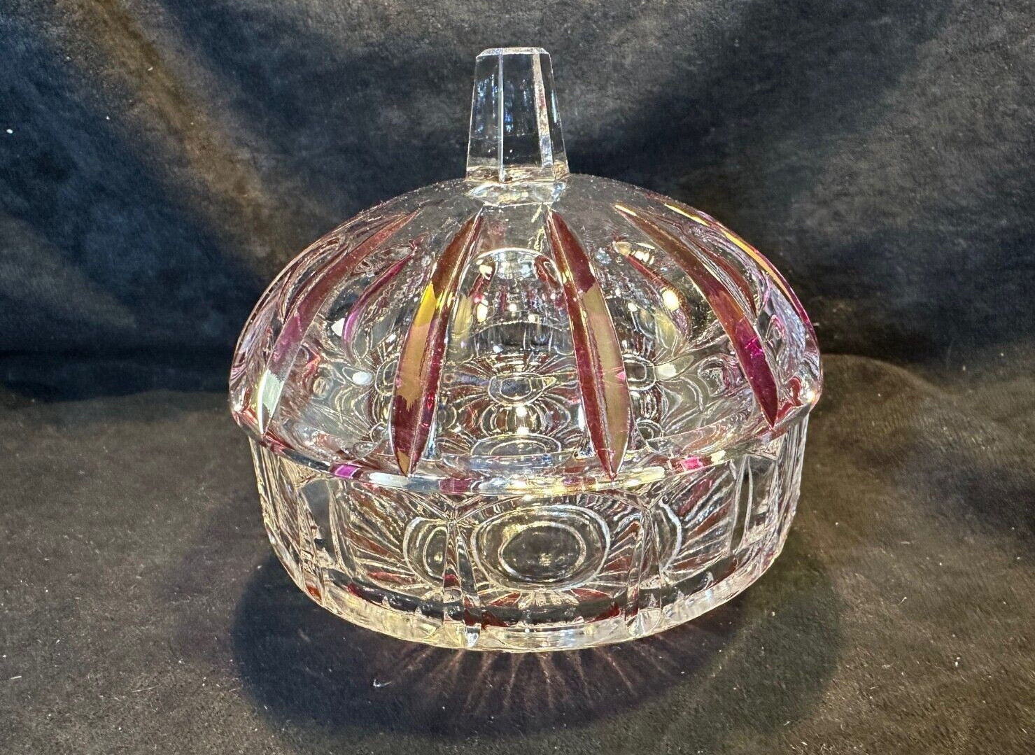 Vintage Bohemian Amethyst Flash Glass Crystal Candy Dish Scalloped Edge w/Lid