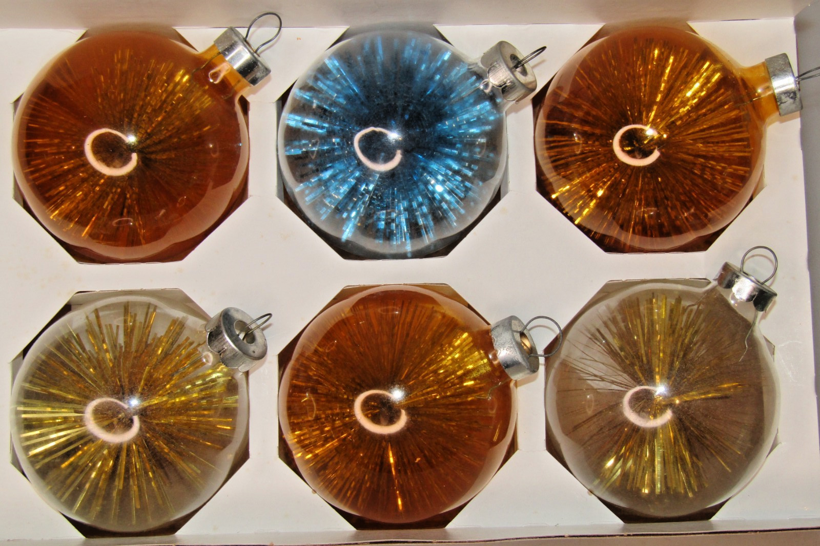 Lot Vintage Unsilvered Glass Pom Pom Filled Starburst BALL Christmas Ornaments