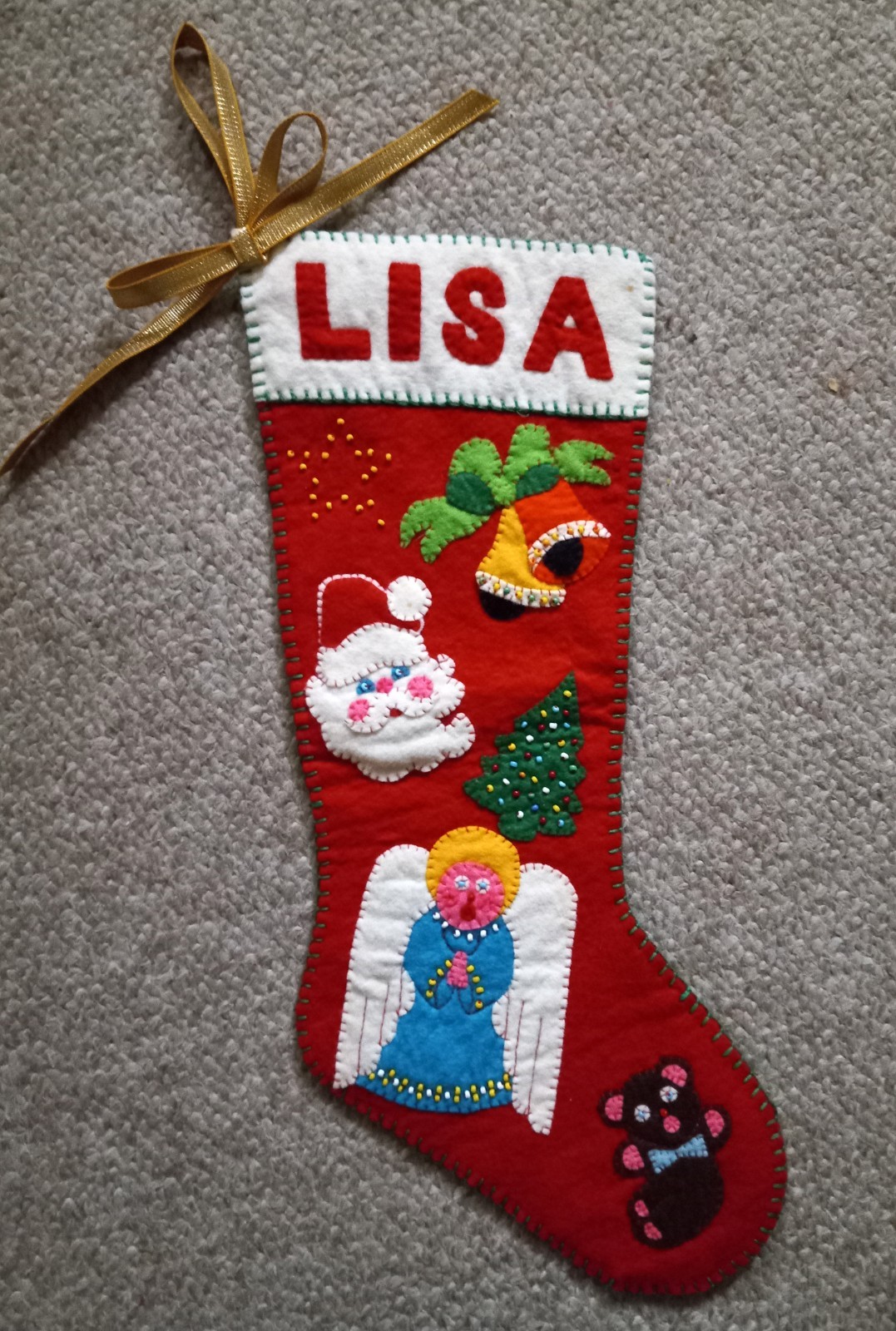 Vintage c. 1960s Homemade Felt Applique CHRISTMAS STOCKING-SANTA-ANGEL-17.5\