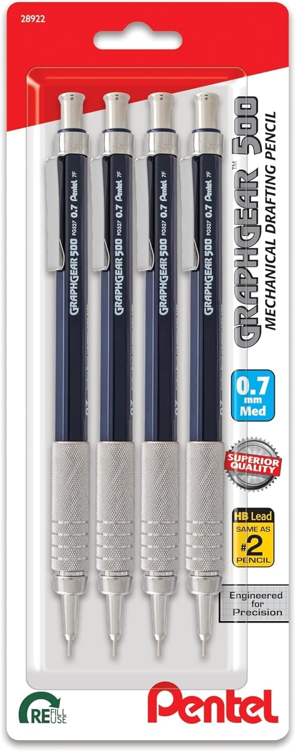 Pentel GraphGear 500 Mechanical Drafting Pencil, 0.7mm, Blue Barrel, Pack of 4 Pentel GraphGear 500 Mechanical Drafting Pencil, 0.7mm, Blue Barrel, Pack of 4
