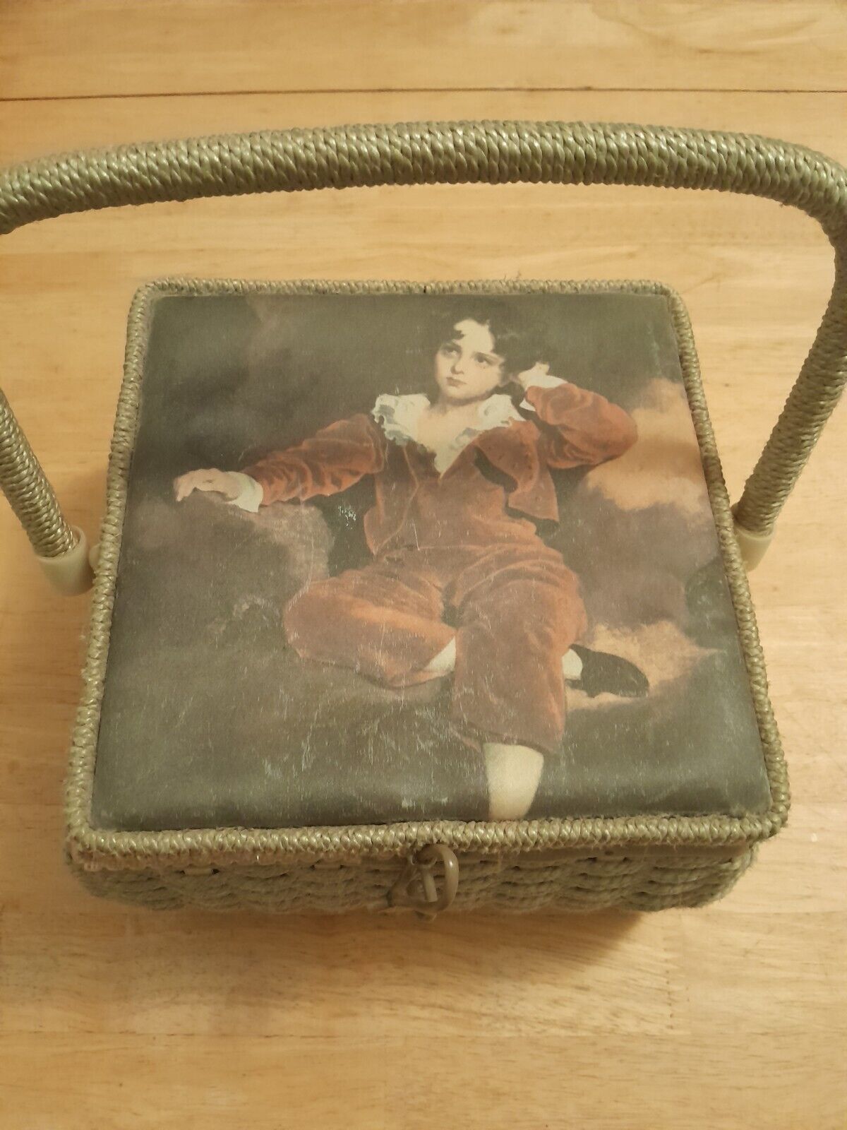 VINTAGE Sewing Basket Box Victorian Girl. Padded Woven. Rare