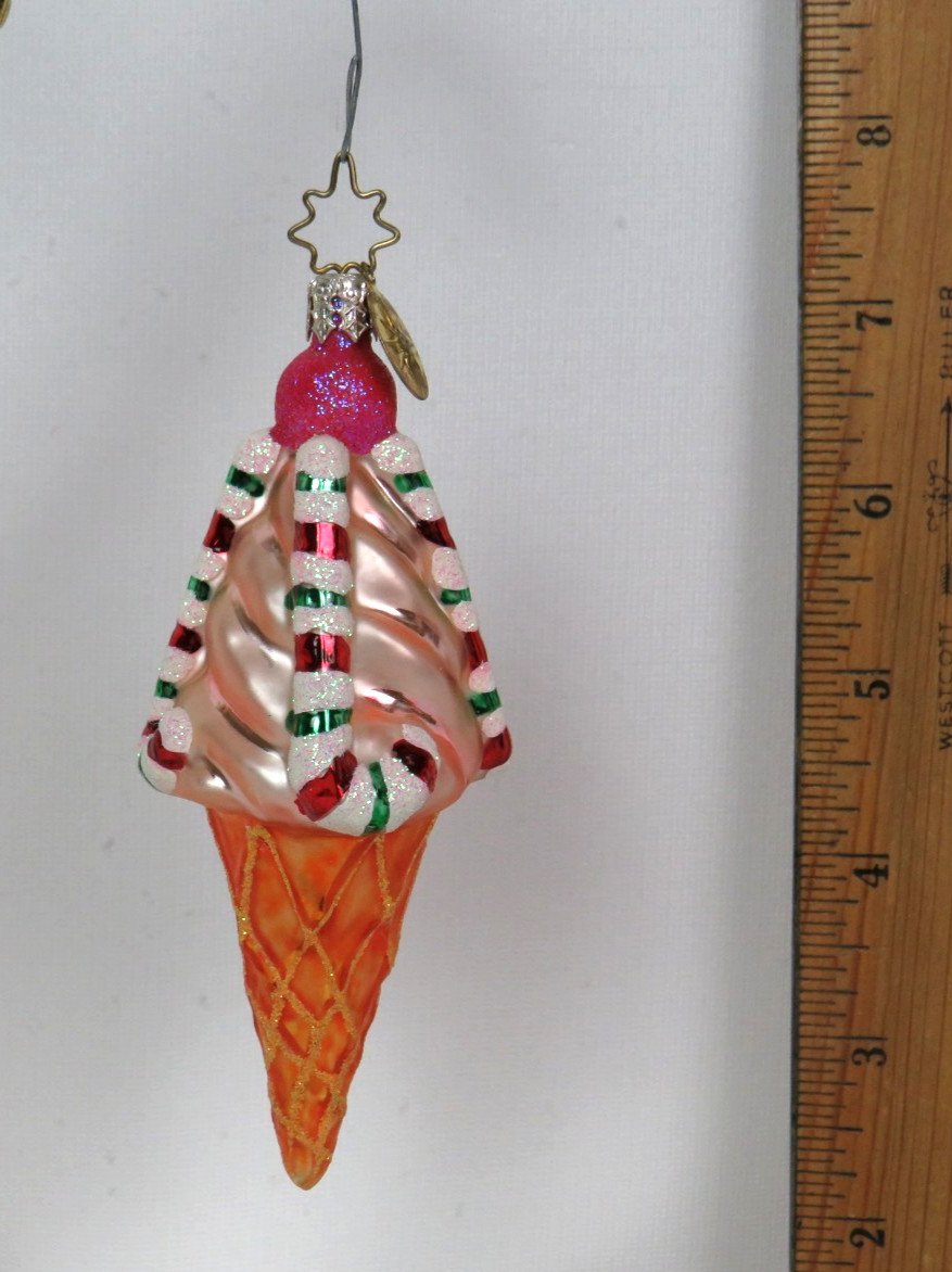 VTG Christopher Radko Little Gem Glass Ice Cream Cone Christmas Ornament 4” tall