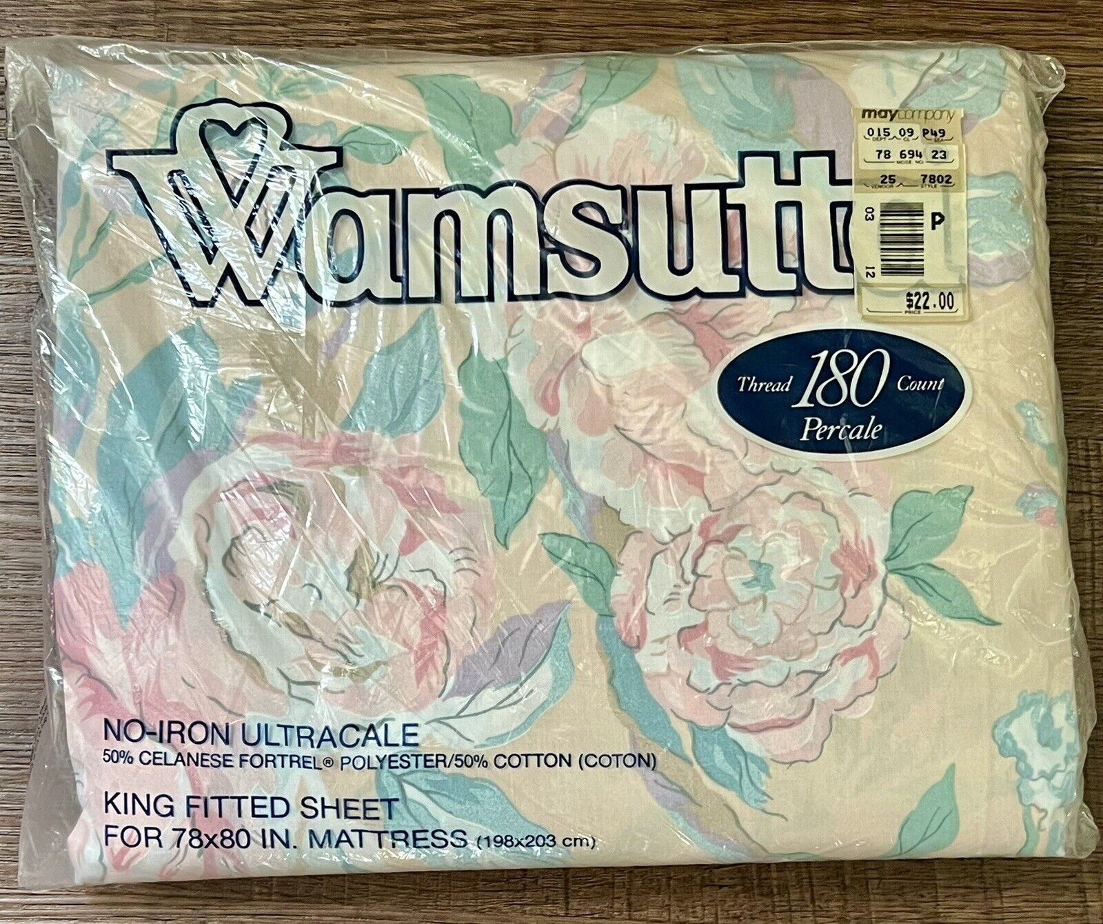 Vintage Wamsutta Ultracale King Fitted Sheet No-Iron Cabbage Rose NEW
