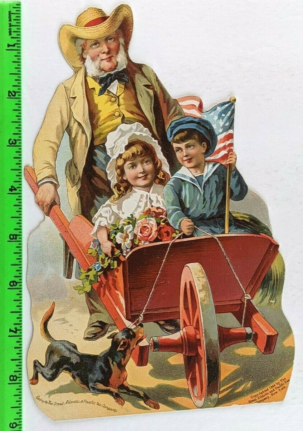 Vintage 1884 Atlantic & Pacific Tea Old Man Boy Girl Dog Flag Diecut Trade Card