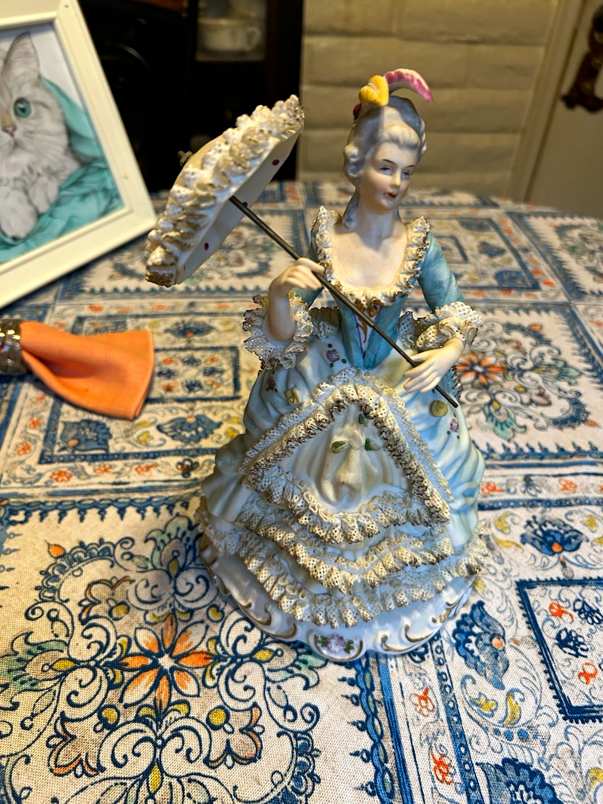 Dresden Marti Gras Victorian Lady w/ Umbrella rare. Blue Dress and Lace.