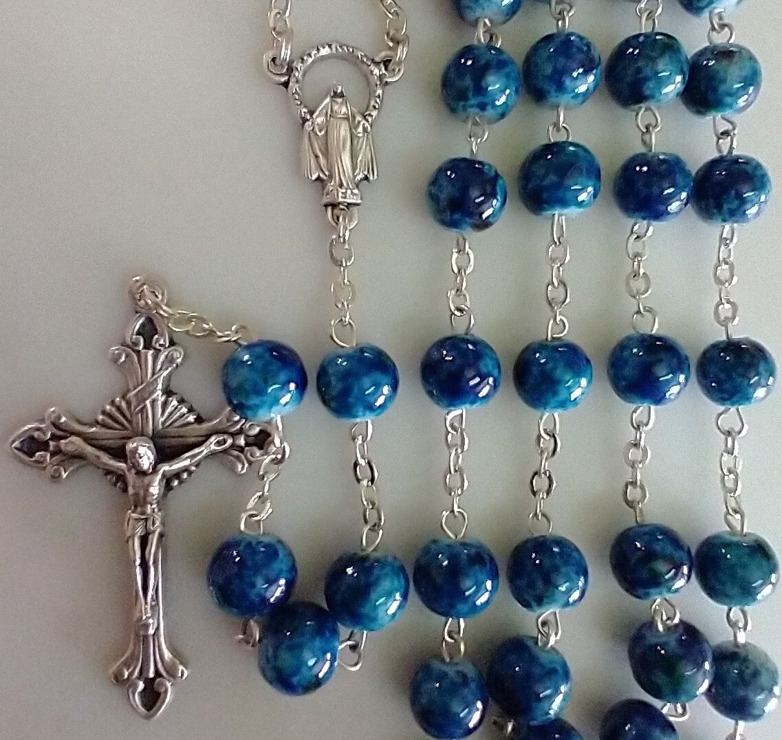 Catholic 8mm Blue Glass 5 Decade Rosary Silver Tone Crucifix, Italy
