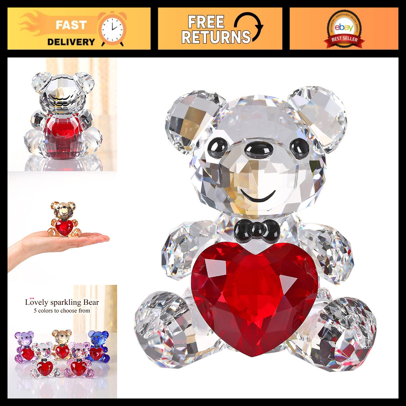 Crystal Teddy Bear Figurine with Red Heart - Cute Collectible Animal Gift for Bi
