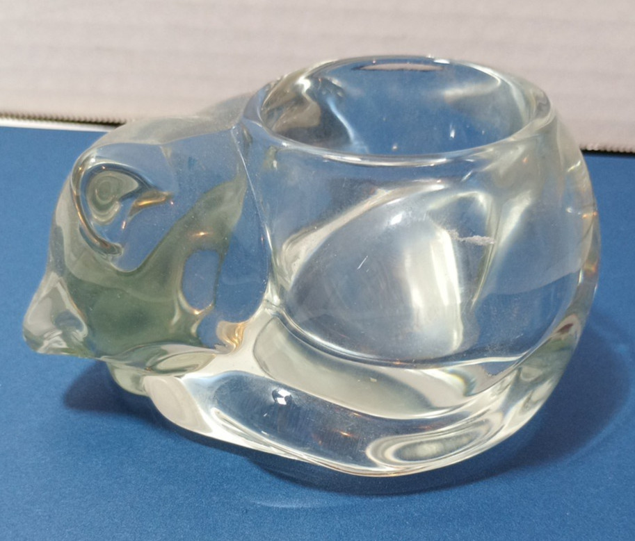 Vintage Indiana Glass Cat Napping Kitty Candle Votive Holder Clear Glass