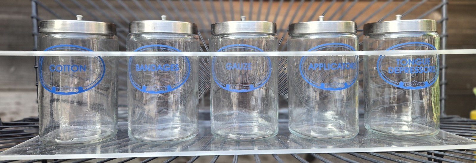 Vintage GRAFCO Medical Jars w/ Acrylic Wall Rack Set of 5 Stainless Lids