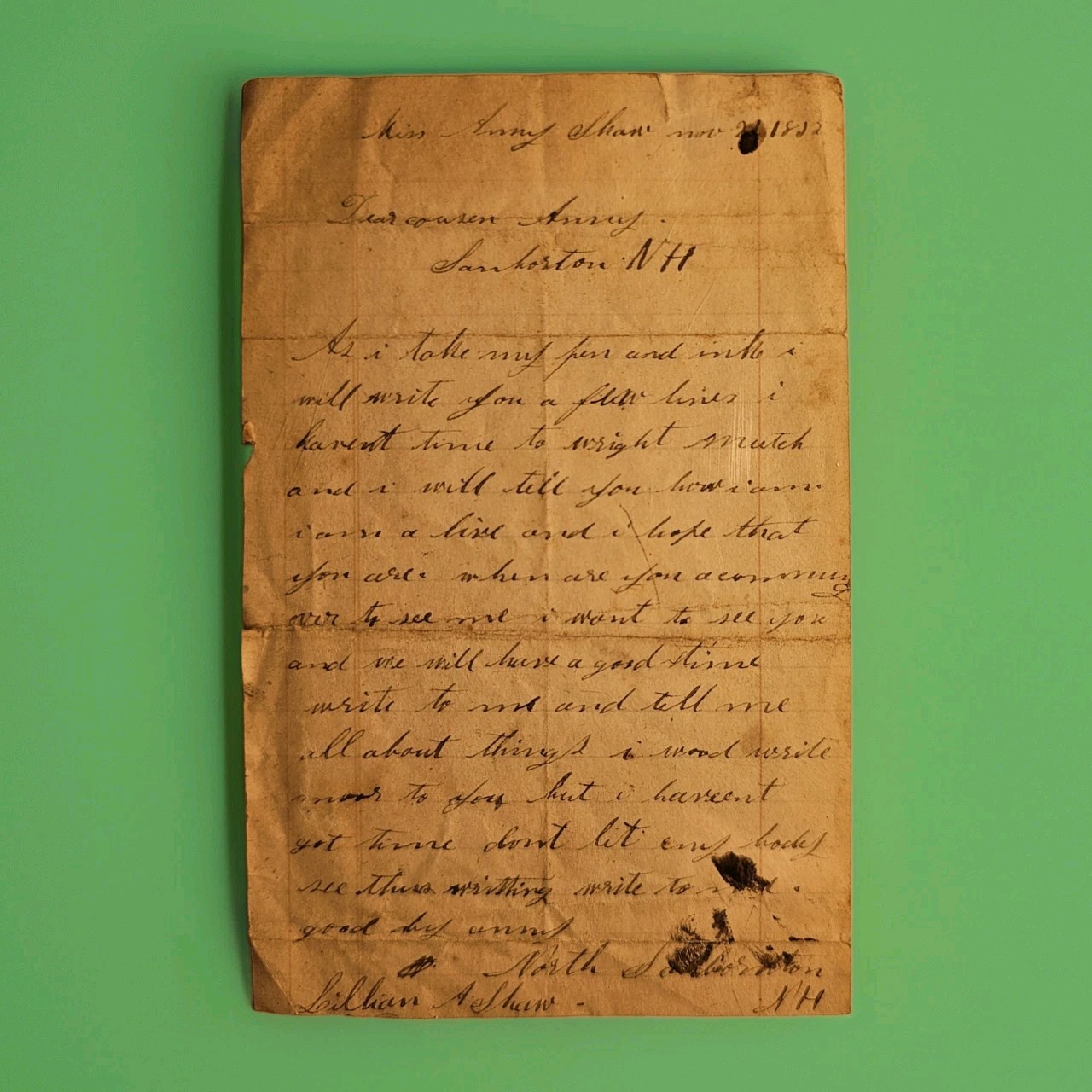 1852 Sanbornton NH Shaw Family Letter Lucy J. Shaw Moses F. Little