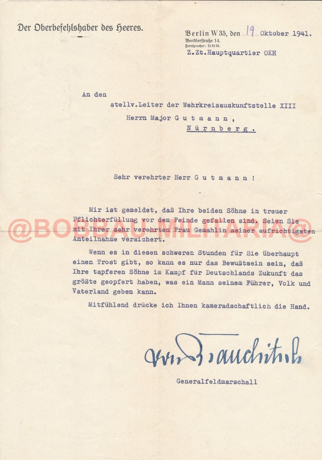 R417 Genuine Signature Autograph Wehrmacht General GFM Walther von Brauchitsch