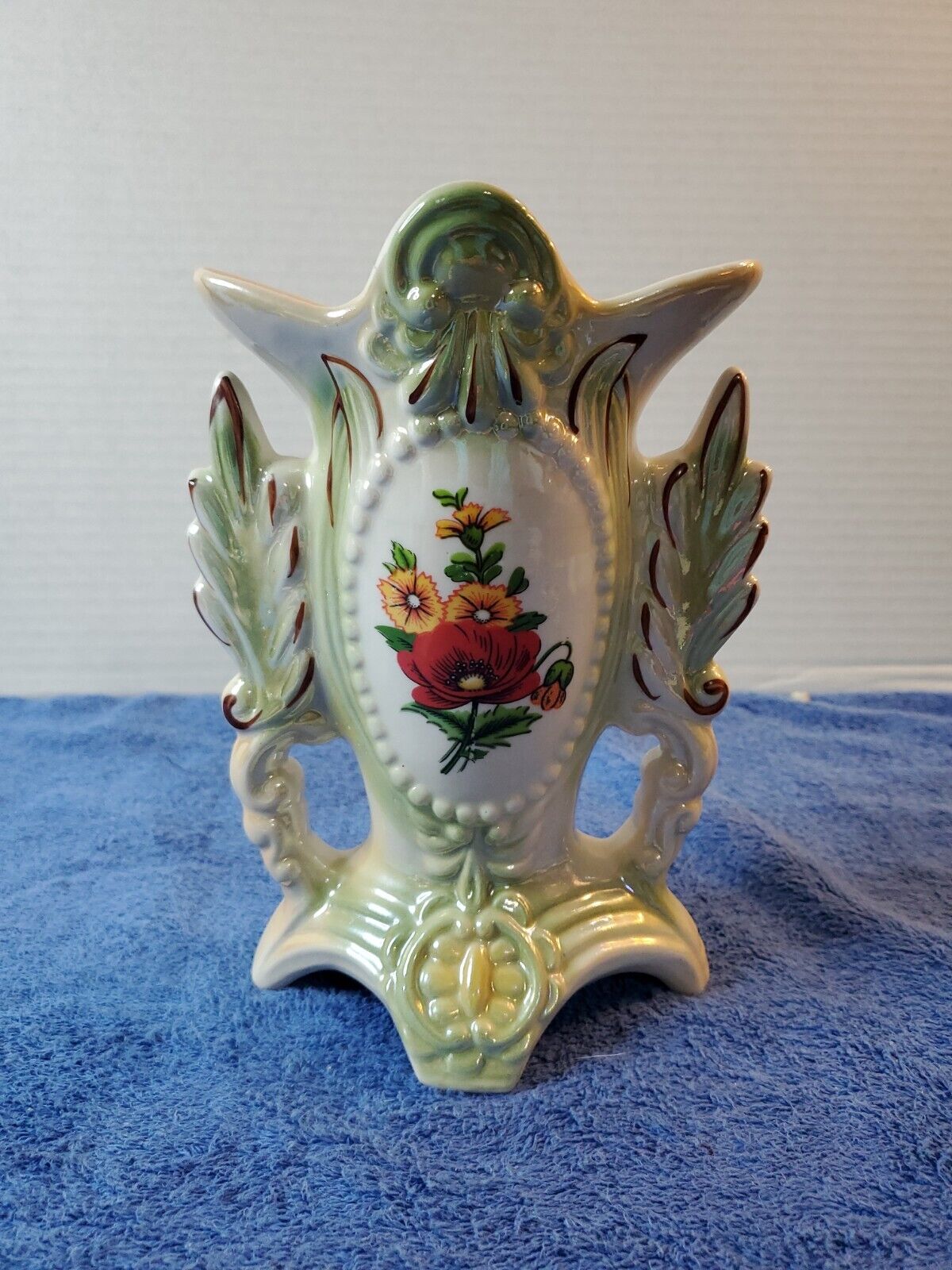 Vintage Lusterware Pearlized Green Porcelain Vase Floral 8.25\