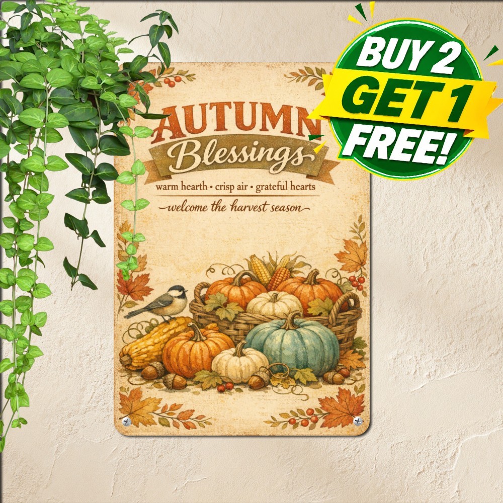 Harvest Blessing Pumpkin Kiss Sign Glamorous Autumn Farmhouse Tin Plaque 8x12