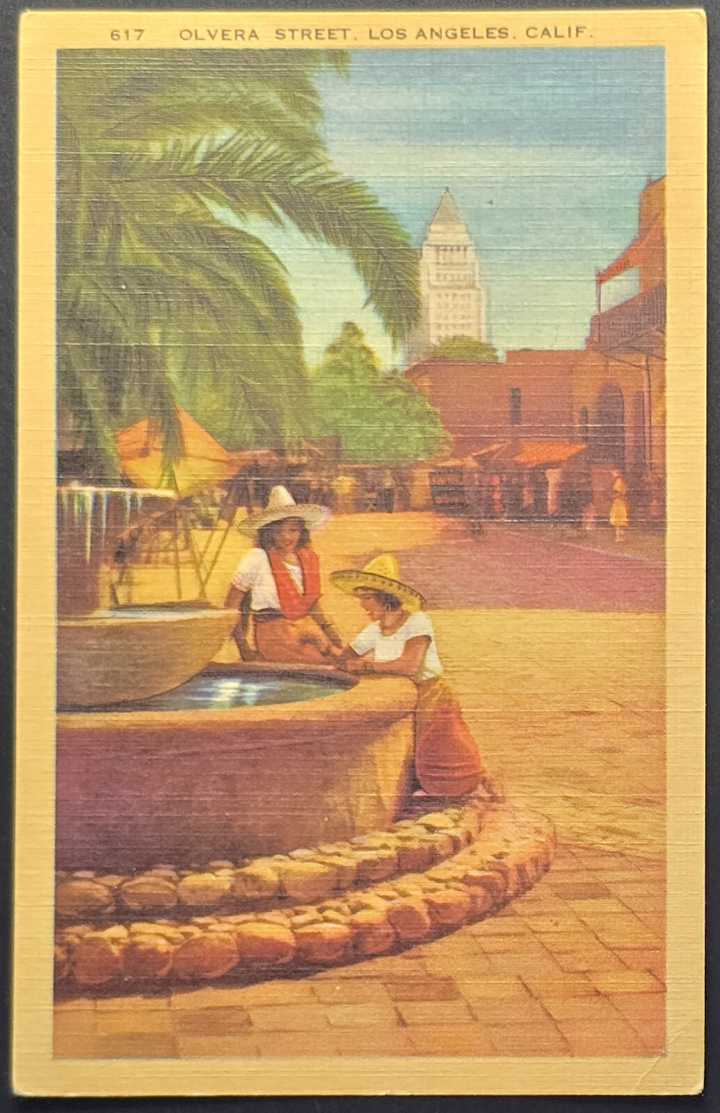 1940s Olvera Street Los Angeles CA Linen Postcard Mexican Market Scene