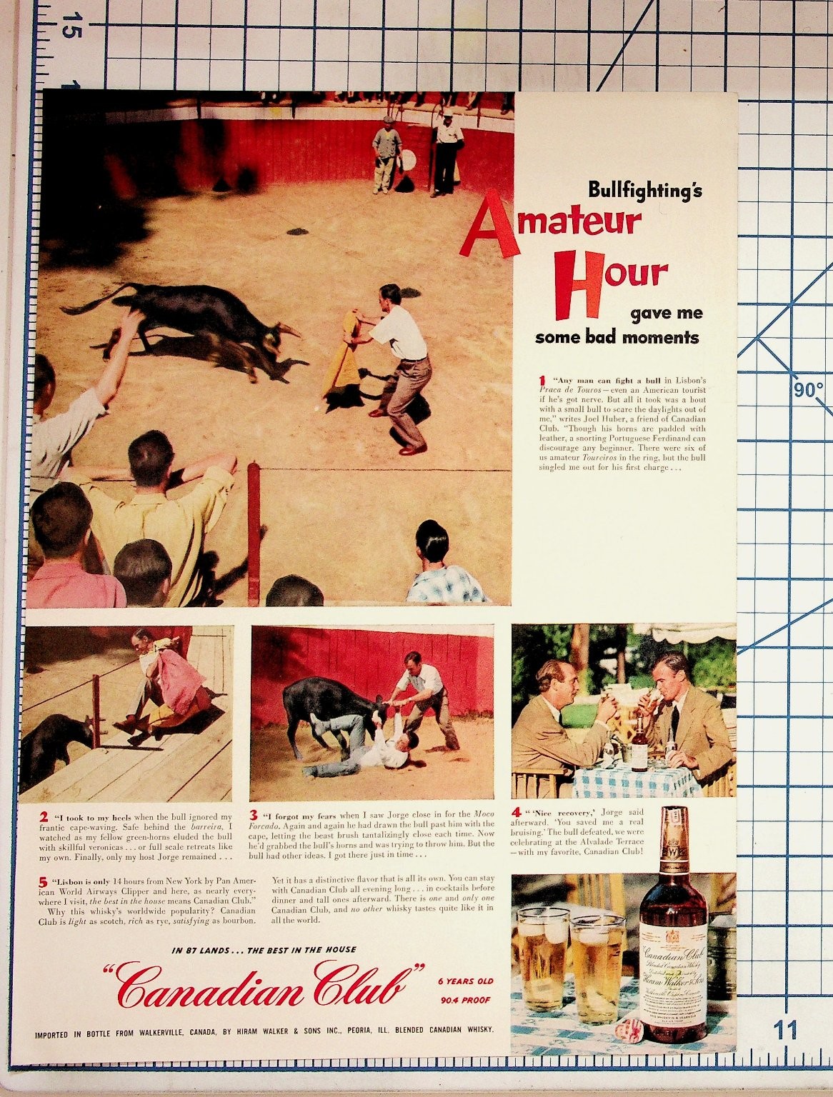 1950s Canadian Club Whiskey Ad Bullfighting Amateur Hour Lisbon Portugal
