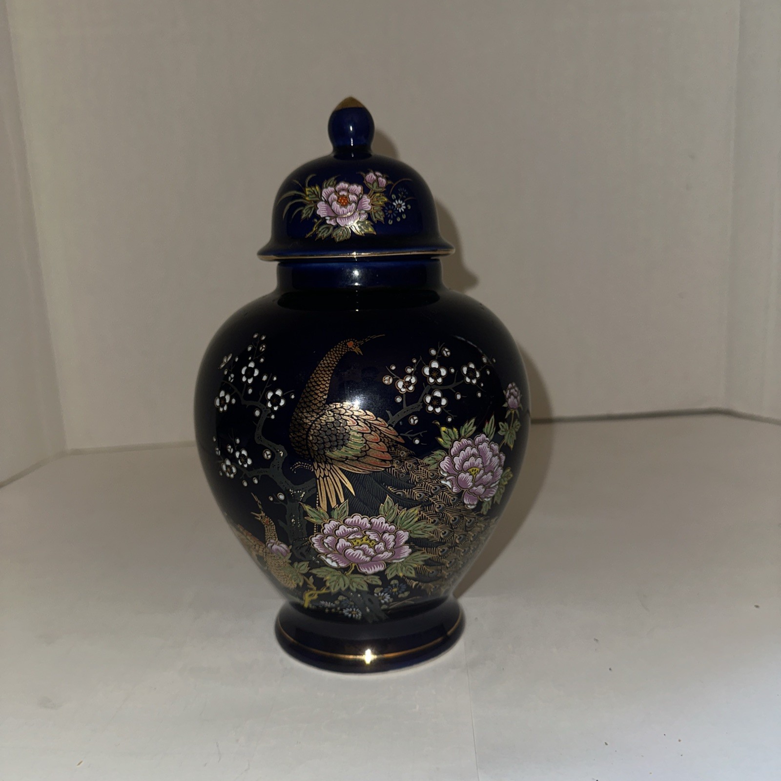 Vintage  Japanese Ginger Jar Cobalt Blue Floral 8.5” With Lid