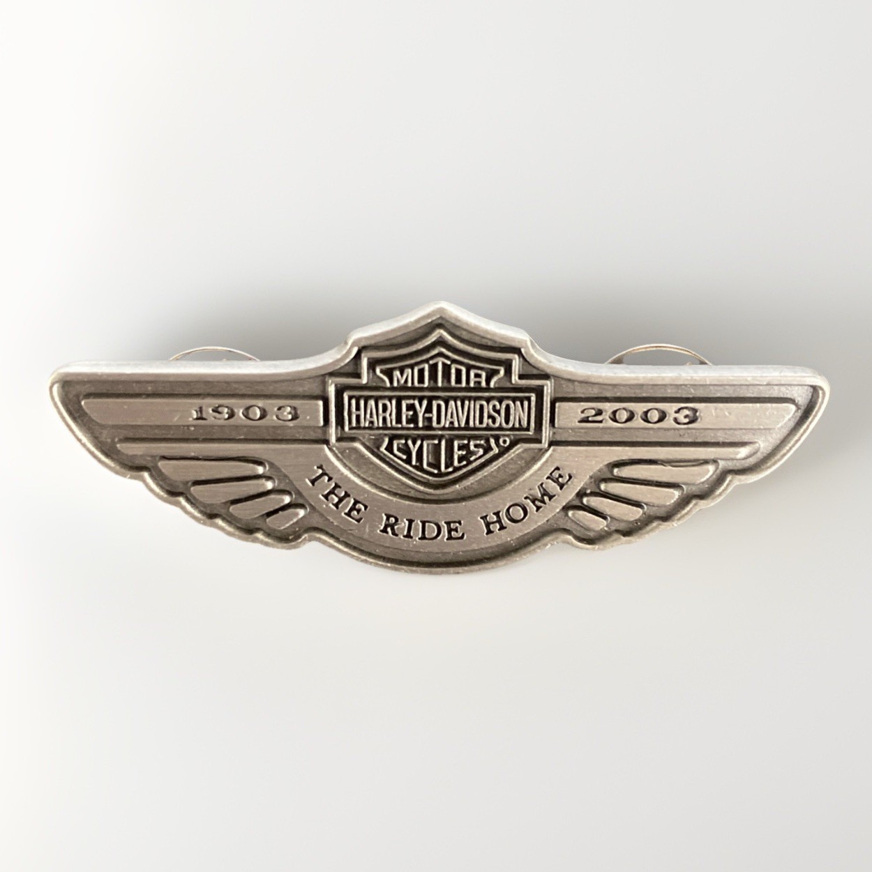Vintage 100th Anniversary Harley Davidson Pin The Ride Home Silver Wings 2003