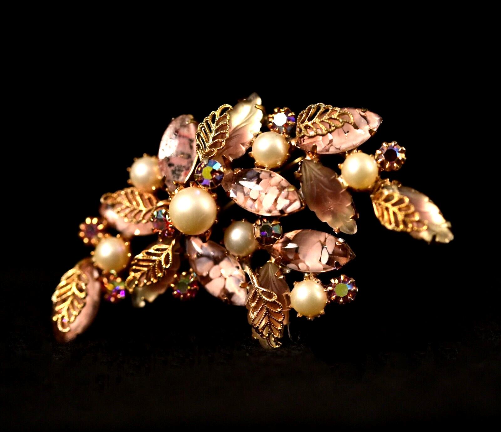 KRAMER Original Vintage Signed Pearl Rhinestone Parure Estate Brooch Pendant