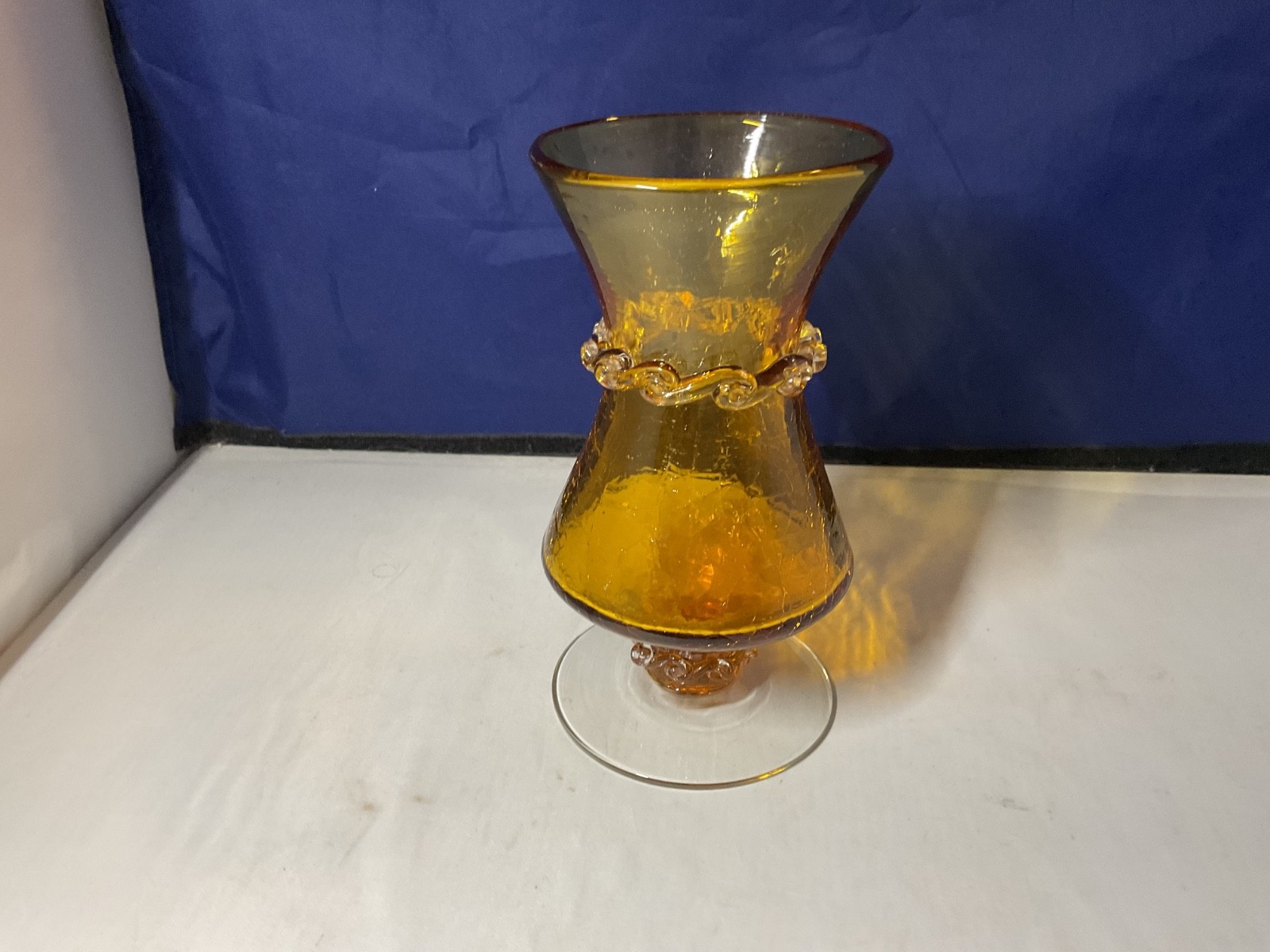 Artisan Hand Blown Amber Glass Vase 7.5” Tall Applied Scroll Design Trim -J31
