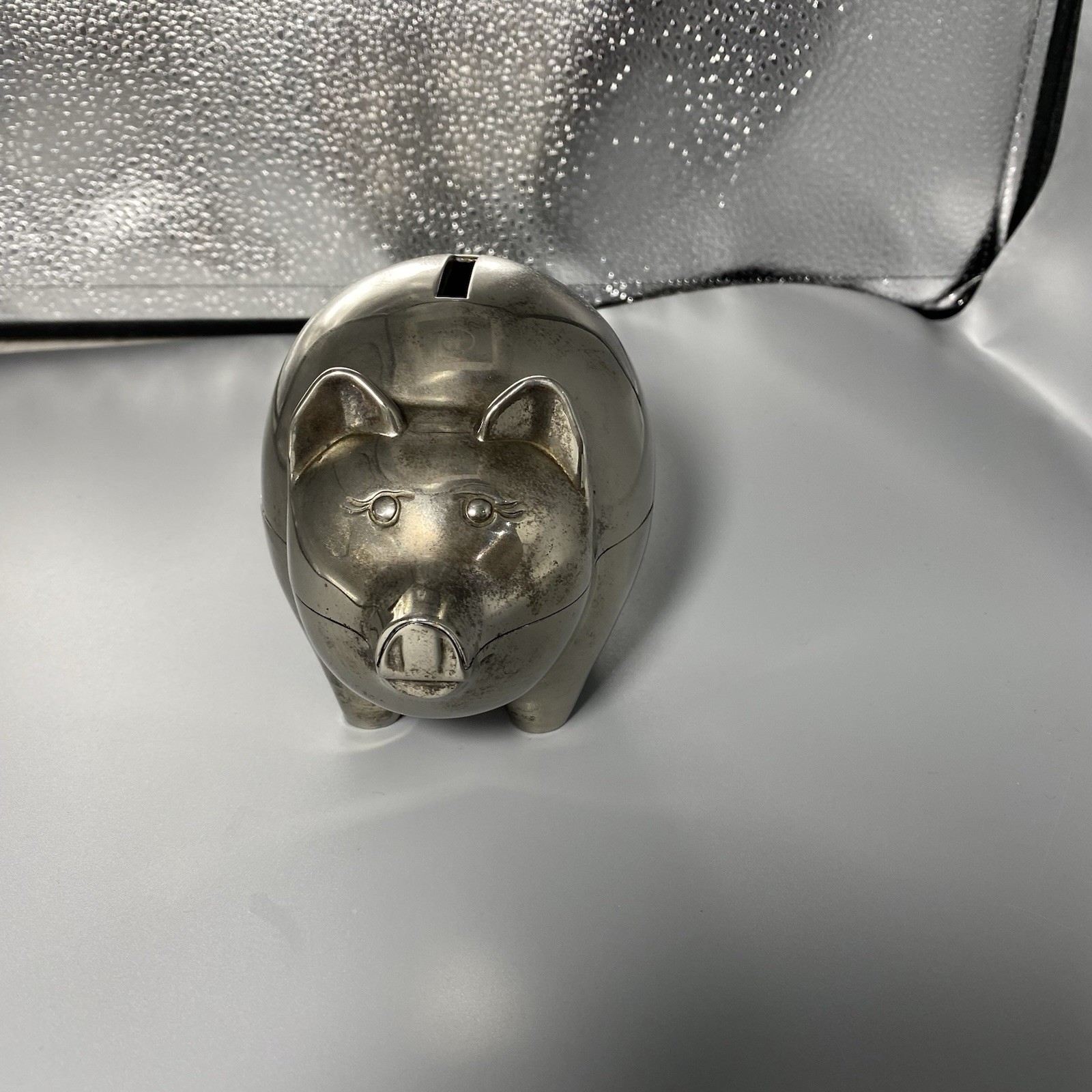 Vtg Silverplate Pig Piggy Bank Made China READ Tarnish Wear Coin Slot