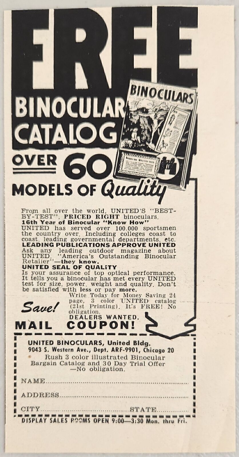 1952 Print Ad United Binoculars 60 Quality Models Chicago,Illinois