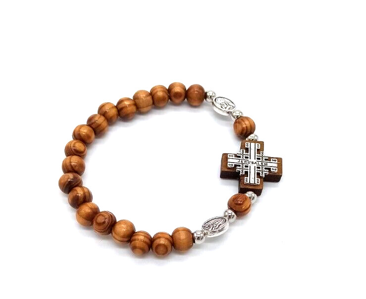 Bracelet Olive Wood Icon Cross Jerusalem Sliver Elastic Hand Made Holy land Gift