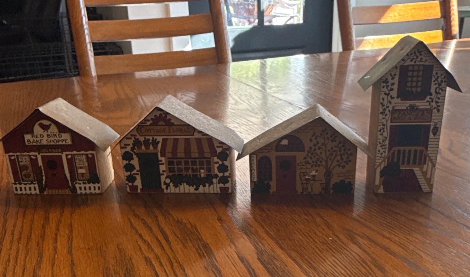 Vintage Folk Art Wooden House Blocks Lot of 4 Primitive Country Americana Decor