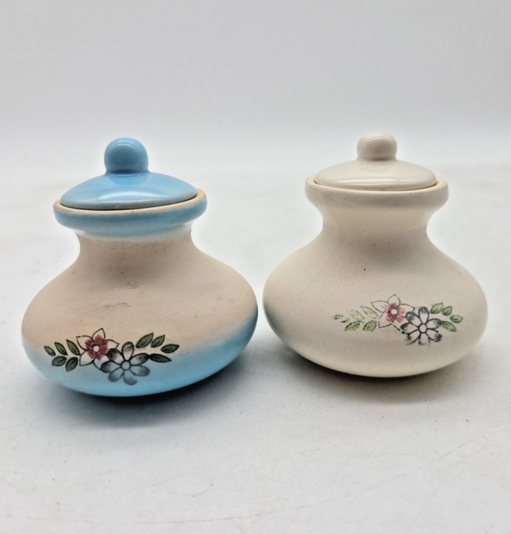 Two Vintage Ceramic Round Bottom Small Jars With Lids Potion Container Herb