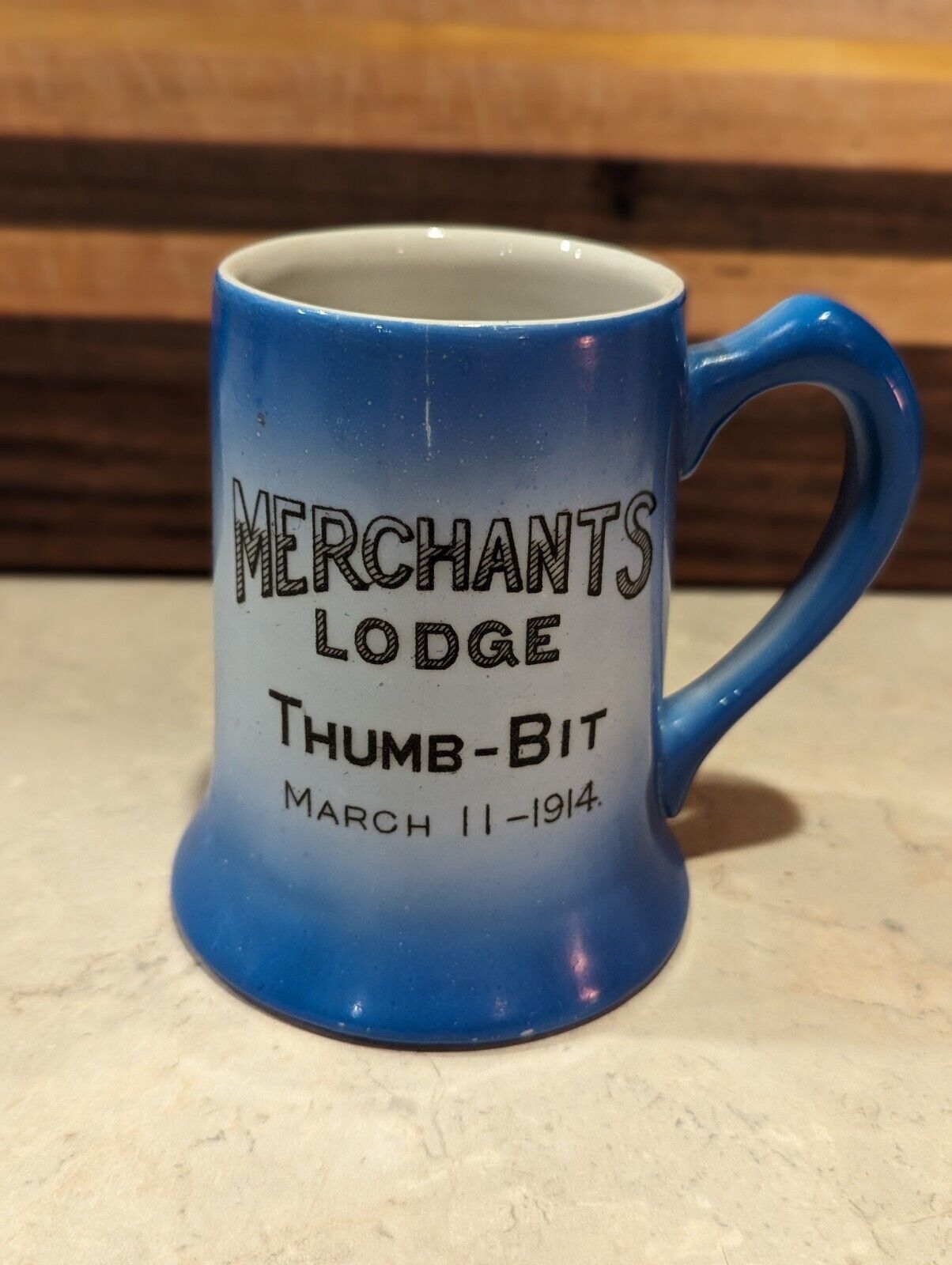 Antique Merchants Lodge Thumb-Bit 1914 Thomas Maddocks Sons Co Mug FRAGILE 