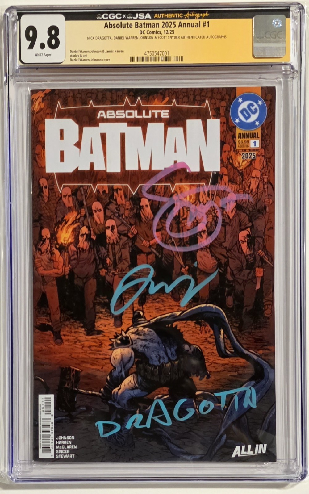 ABSOLUTE BATMAN ANNUAL #1 1st print CGC 9.8 3x SIGNED Dragotta, Johnson & Snyder