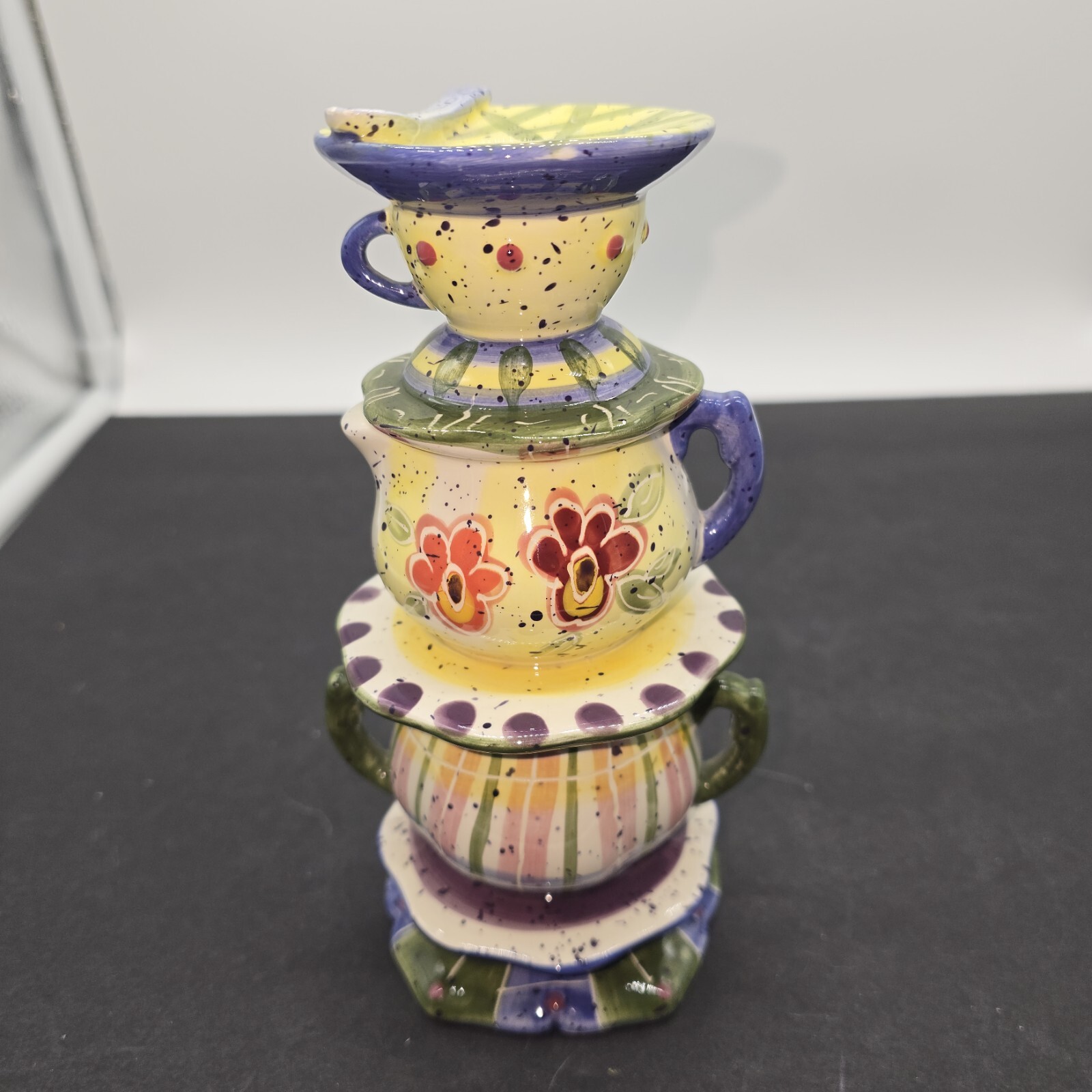 Vintage 1999 Enesco Julie Ueland Pottery Candlestick Holder Teapot Stack 7\