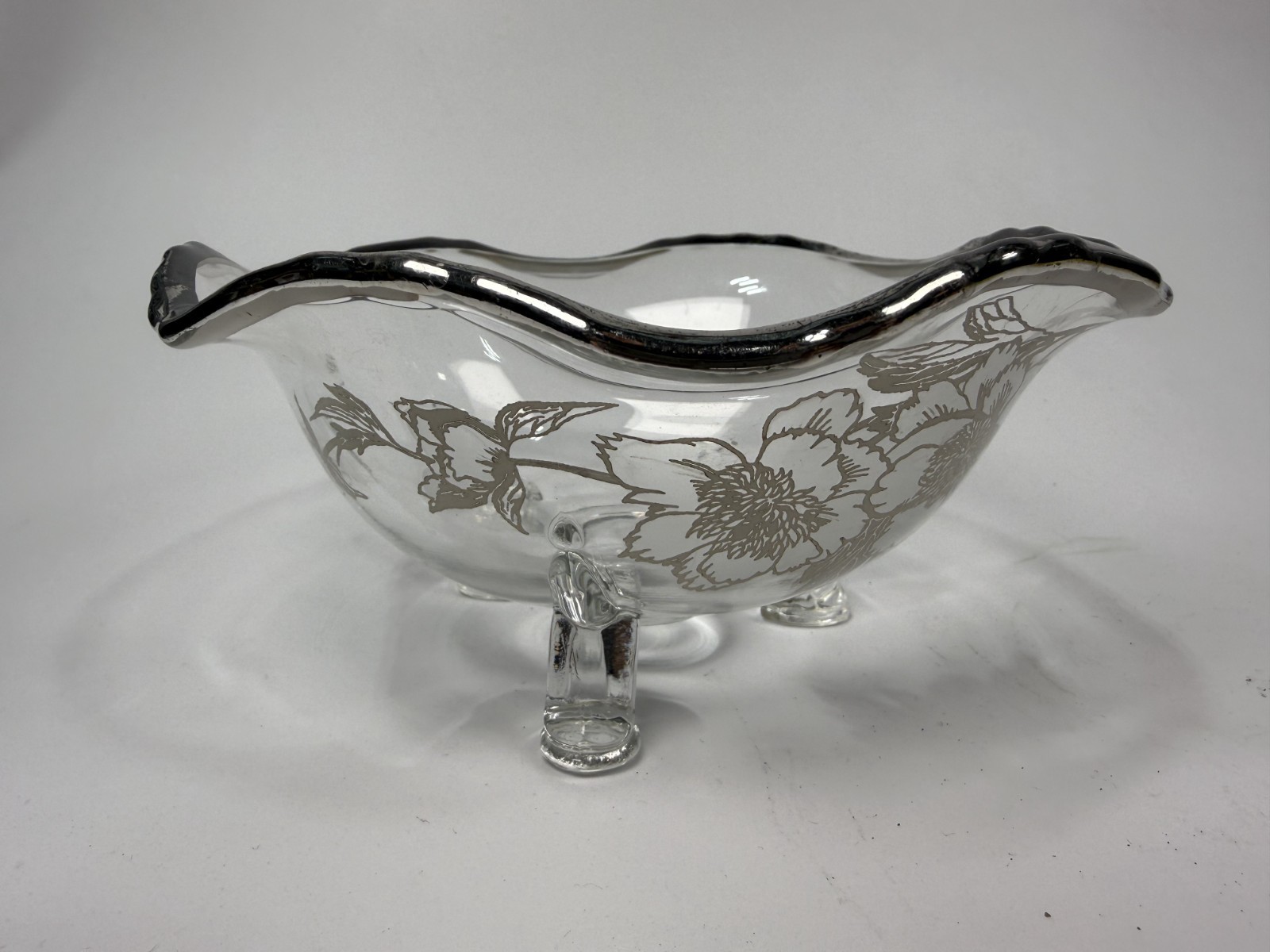 Vintage Art Clear Ruffle Glass Bowl w/ Silver Overlay Flowers 3 Footed Dish