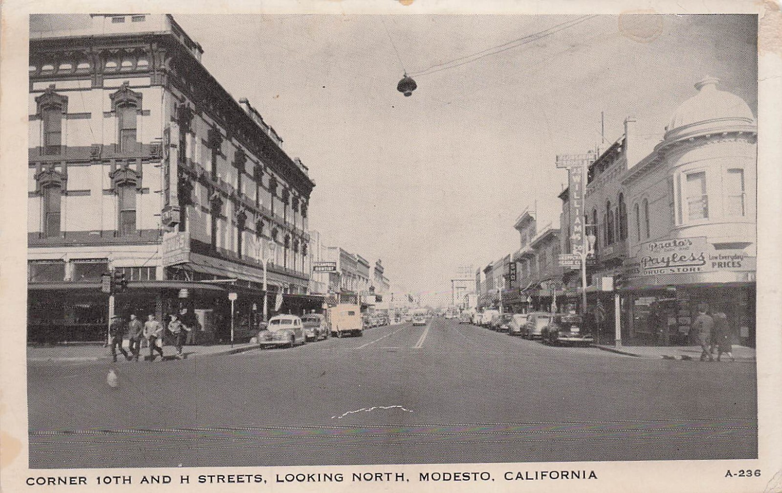 Modesto California CA Downtown Main 10th H Street Payless Pharmacy Postcard G12