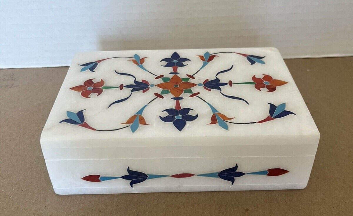 Alabaster Marble Inlay Jewelry Box Laticed Handcarved Christmas Gift for Her