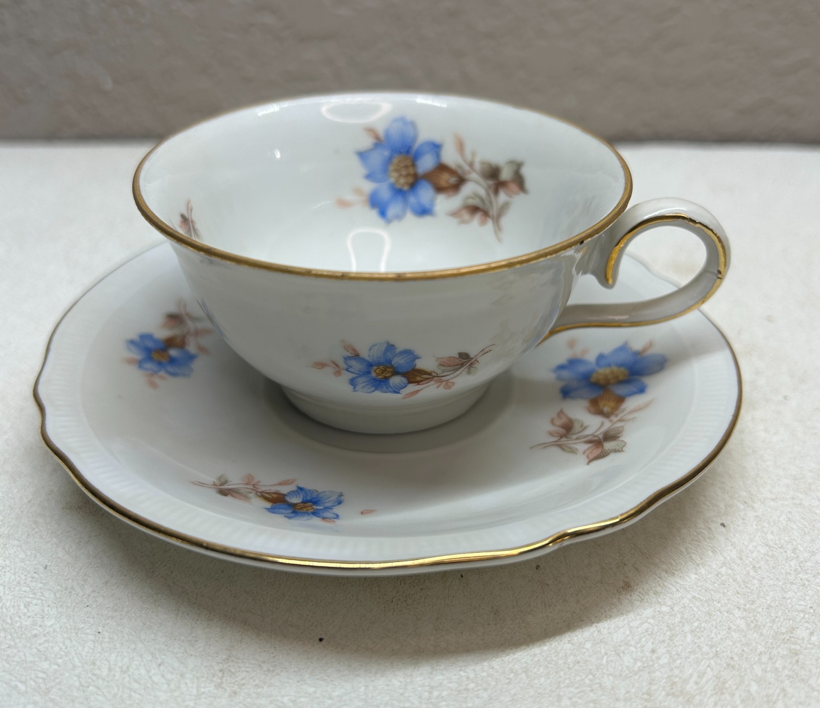 Vintage Schumann Bavaria Germany US Zone Blue Floral Gold Trim Teacup & Saucer
