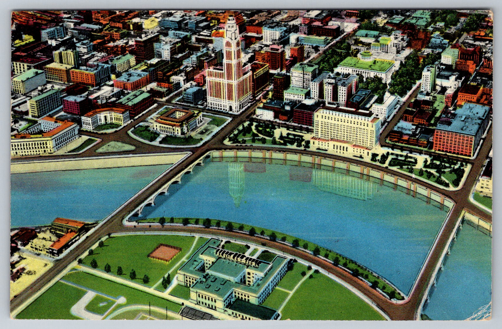 c1960s Columbus Ohio Civic Center Scioto River Aerial View Postcard