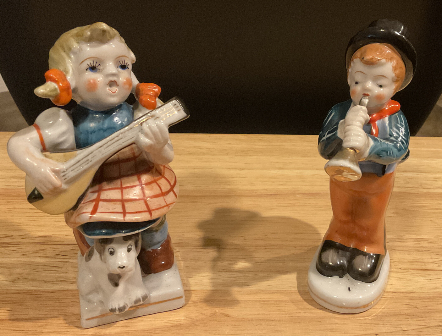 Pair of Occupied Japan Boy & Girl 5” Figurines Playing Ukulele & Horn EUC Pair of Occupied Japan Boy & Girl 5” Figurines Playing Ukulele & Horn EUC