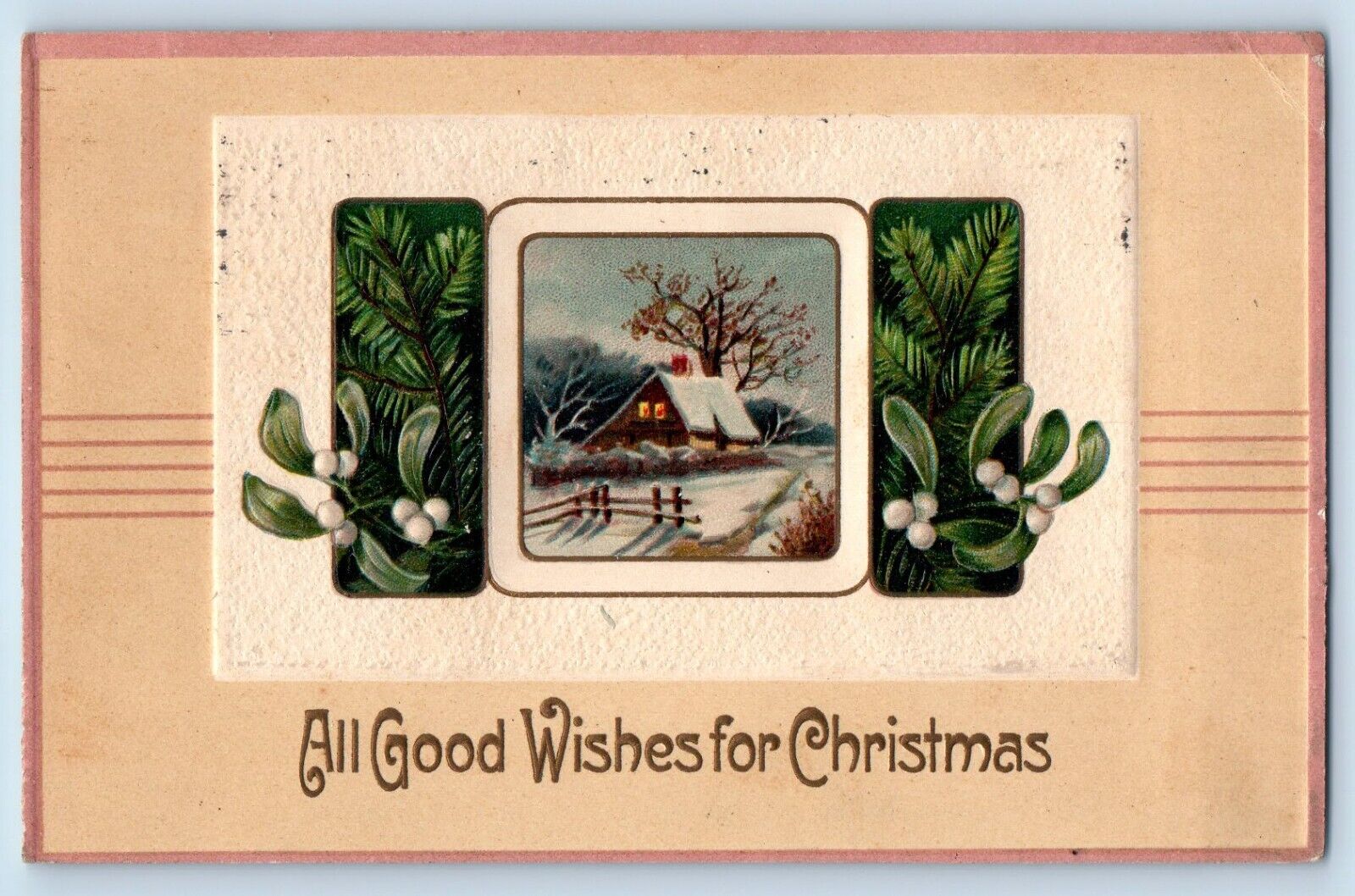 Chicago IL Postcard Good Wishes Christmas Mistletoe Winter Scene Embossed 1908