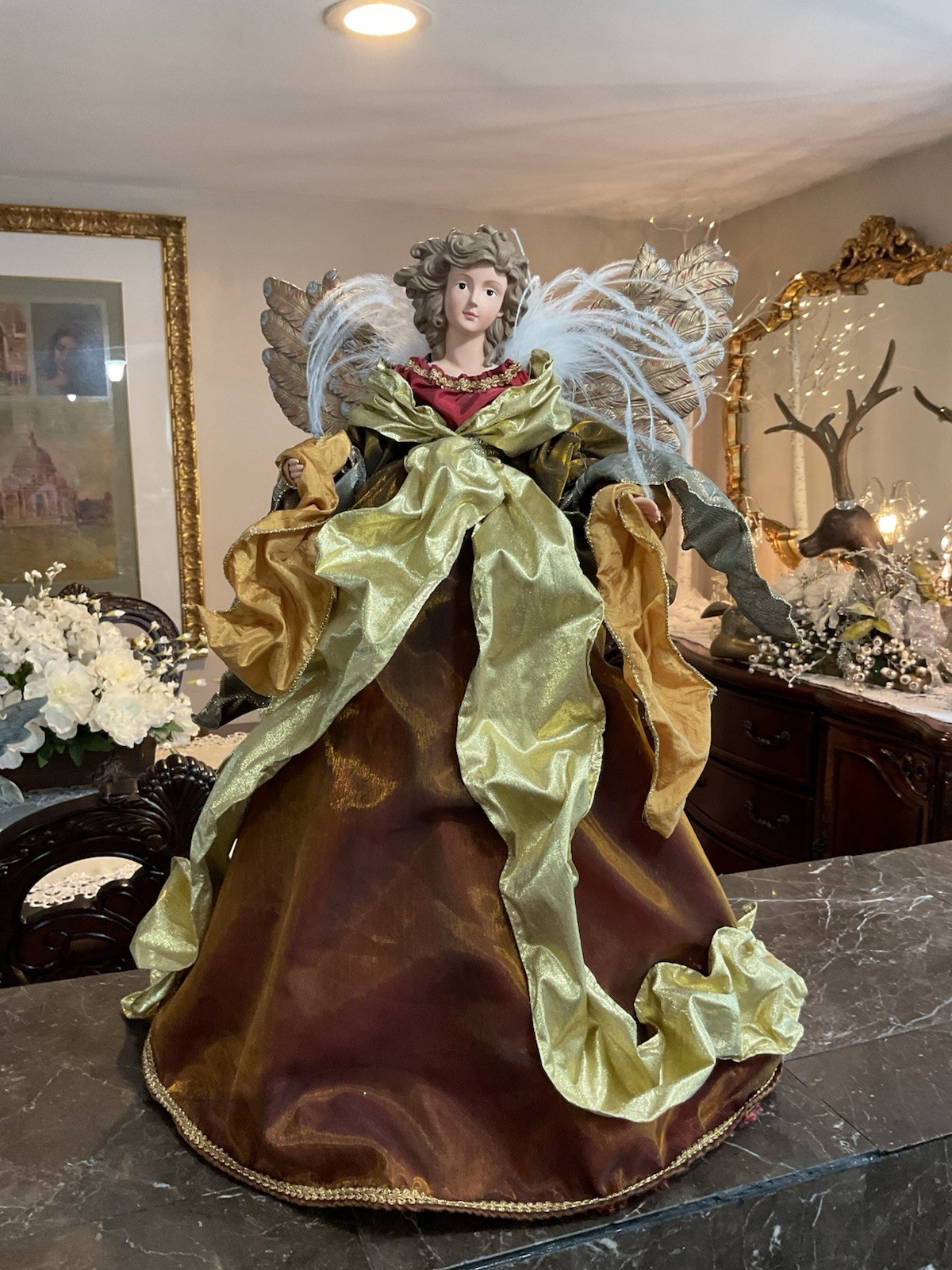 Victorian Christmas Angel Tree Topper Red Brown Gold Elegant Gown 20” Tall
