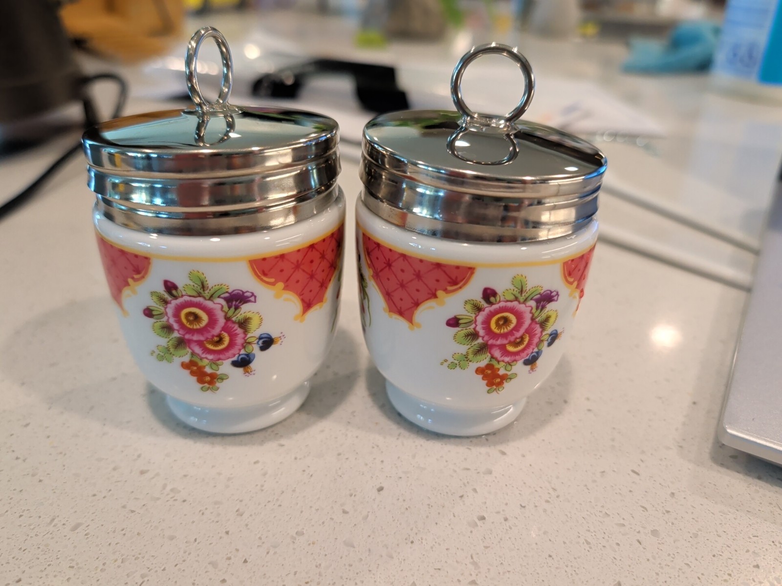lot Of 2 Royal Worcester Porcelain Egg Coddler Floral Pink Pattern w/ Metal Lid lot Of 2 Royal Worcester Porcelain Egg Coddler Floral Pink Pattern w/ Metal Lid