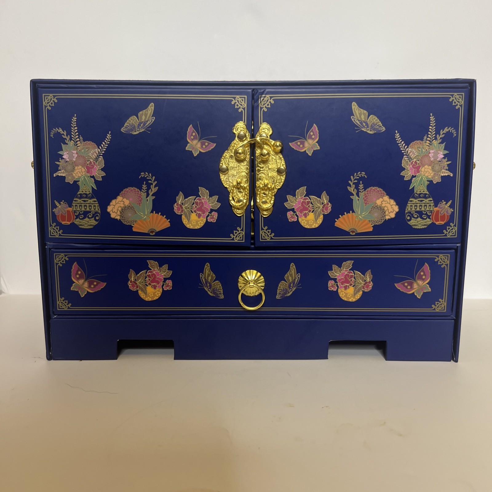 ⁠Vintage Asian Blue Jewelry Box Armoire Cabinet Butterfly Floral Gold Hardware⁠
