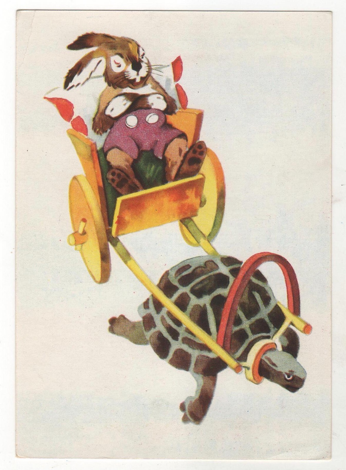 1957 Funny Animals Bunny in dressed & Turtle ART Soviet Latvia POSTCARD Old