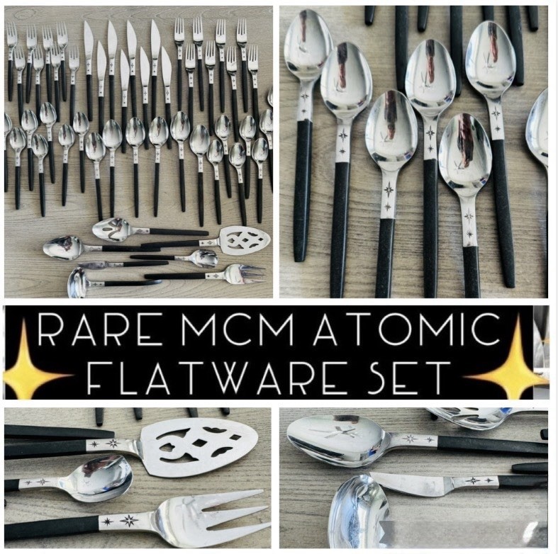 Vtg MCM Japan Atomic Starburst Flatware Set Composite Handles 52 PCs RARE
